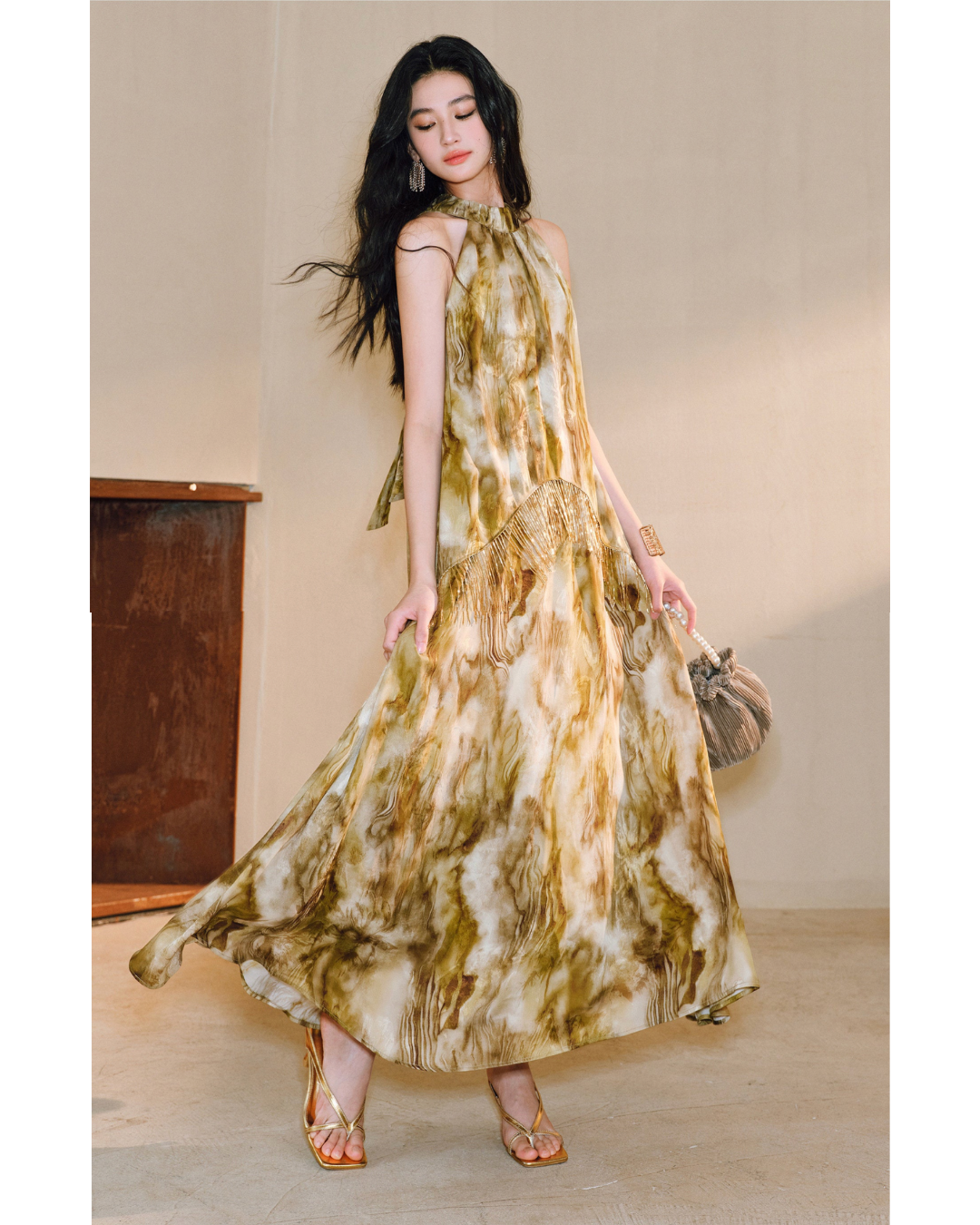 Satin Jacquard Off-Shoulder Dress with Beaded Tassels