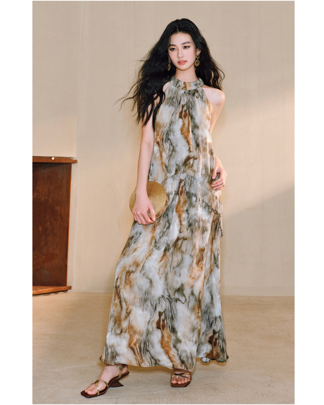 Satin Jacquard Off-Shoulder Dress with Beaded Tassels