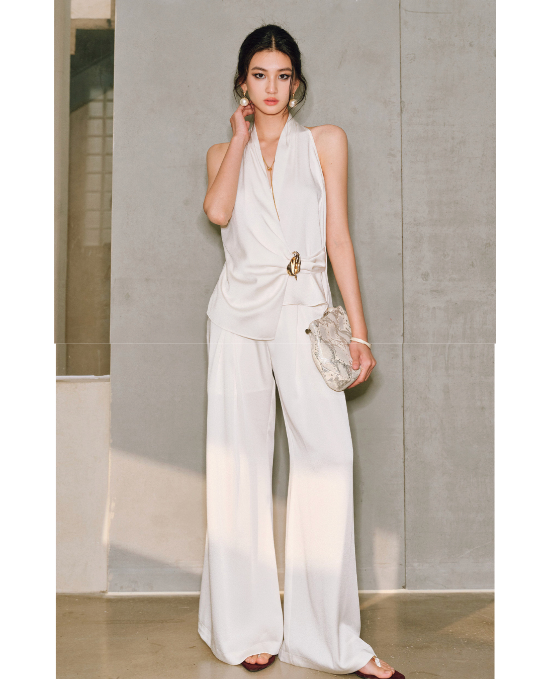 Mulberry Silk 3-Piece Set - Halter Top and Wide Leg Pants