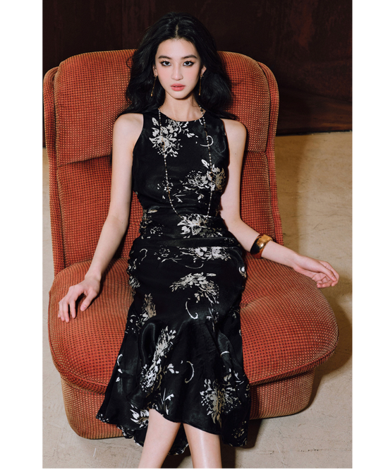 Mercerized Rayon A-Line Dress - Hand-Pleated Cut-Out Design