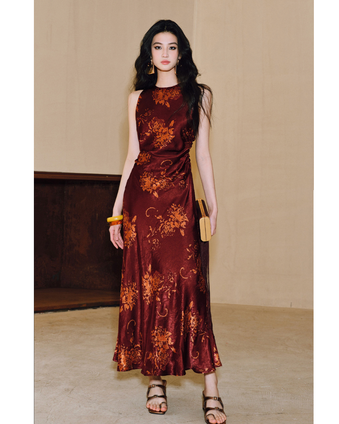 Mercerized Rayon A-Line Dress - Hand-Pleated Cut-Out Design