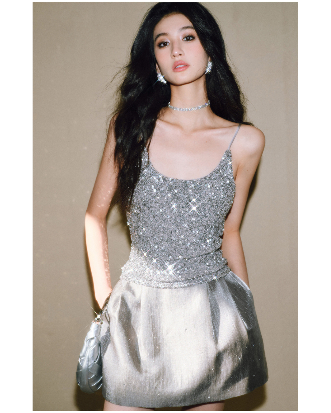 Satin High-Waisted Tulip Skirt with Rhinestones