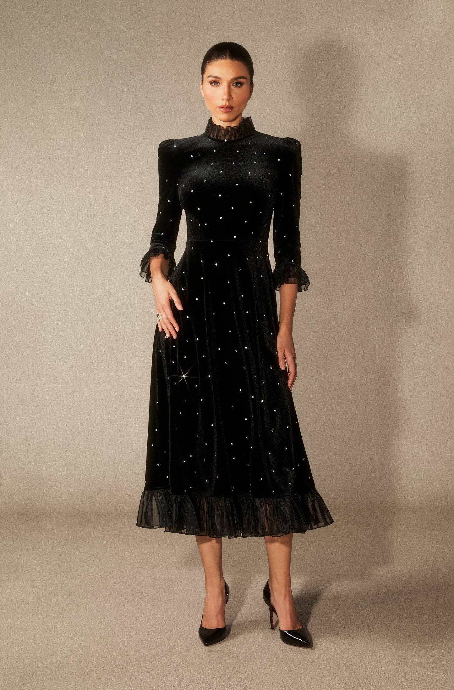 Velvet Diamante Ruffle Maxi Dress