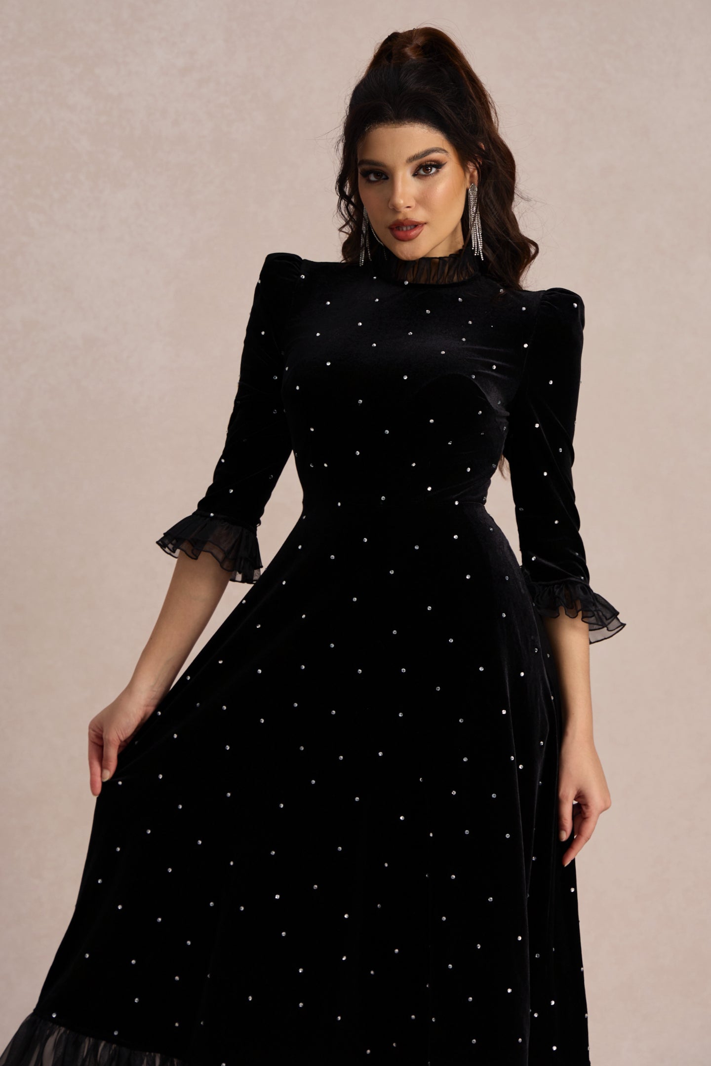 Velvet Diamante Ruffle Maxi Dress