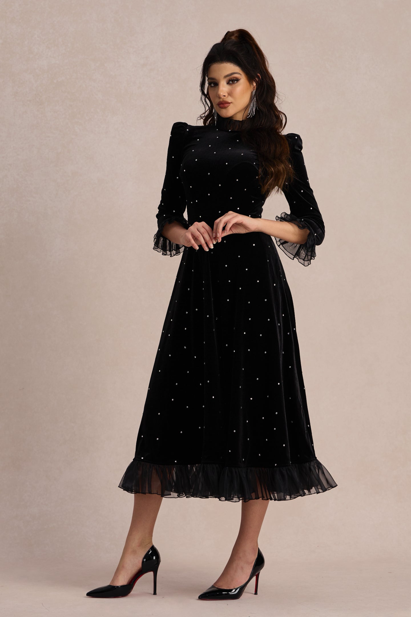 Velvet Diamante Ruffle Maxi Dress