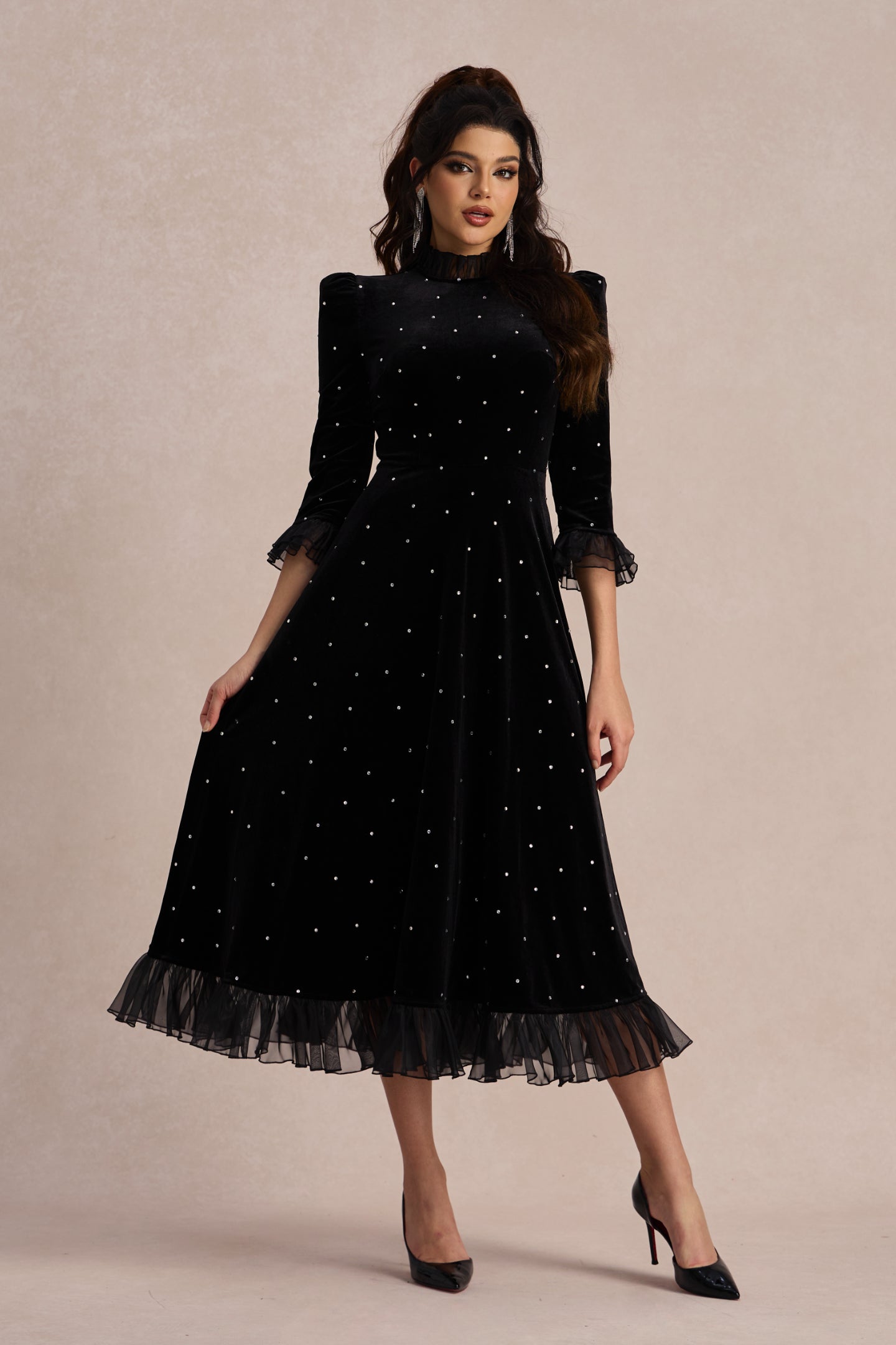 Velvet Diamante Ruffle Maxi Dress