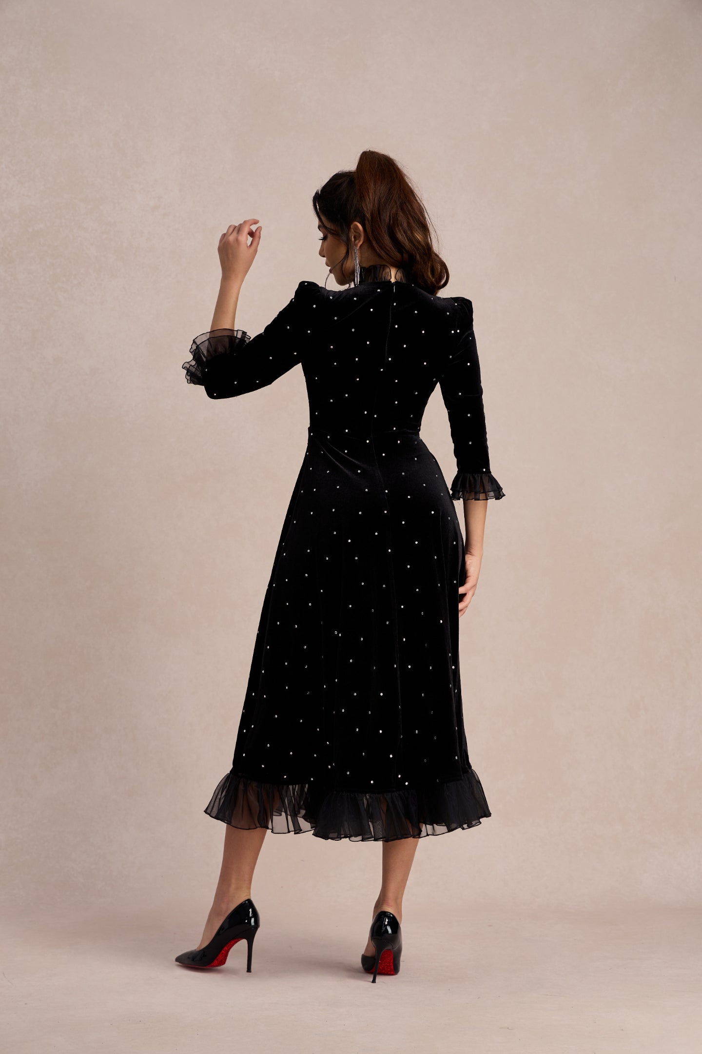 Velvet Diamante Ruffle Maxi Dress