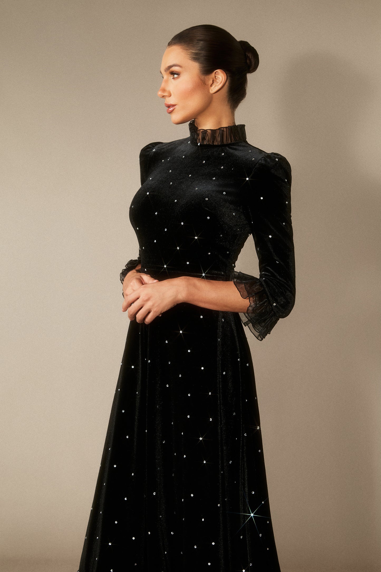 Velvet Diamante Ruffle Maxi Dress