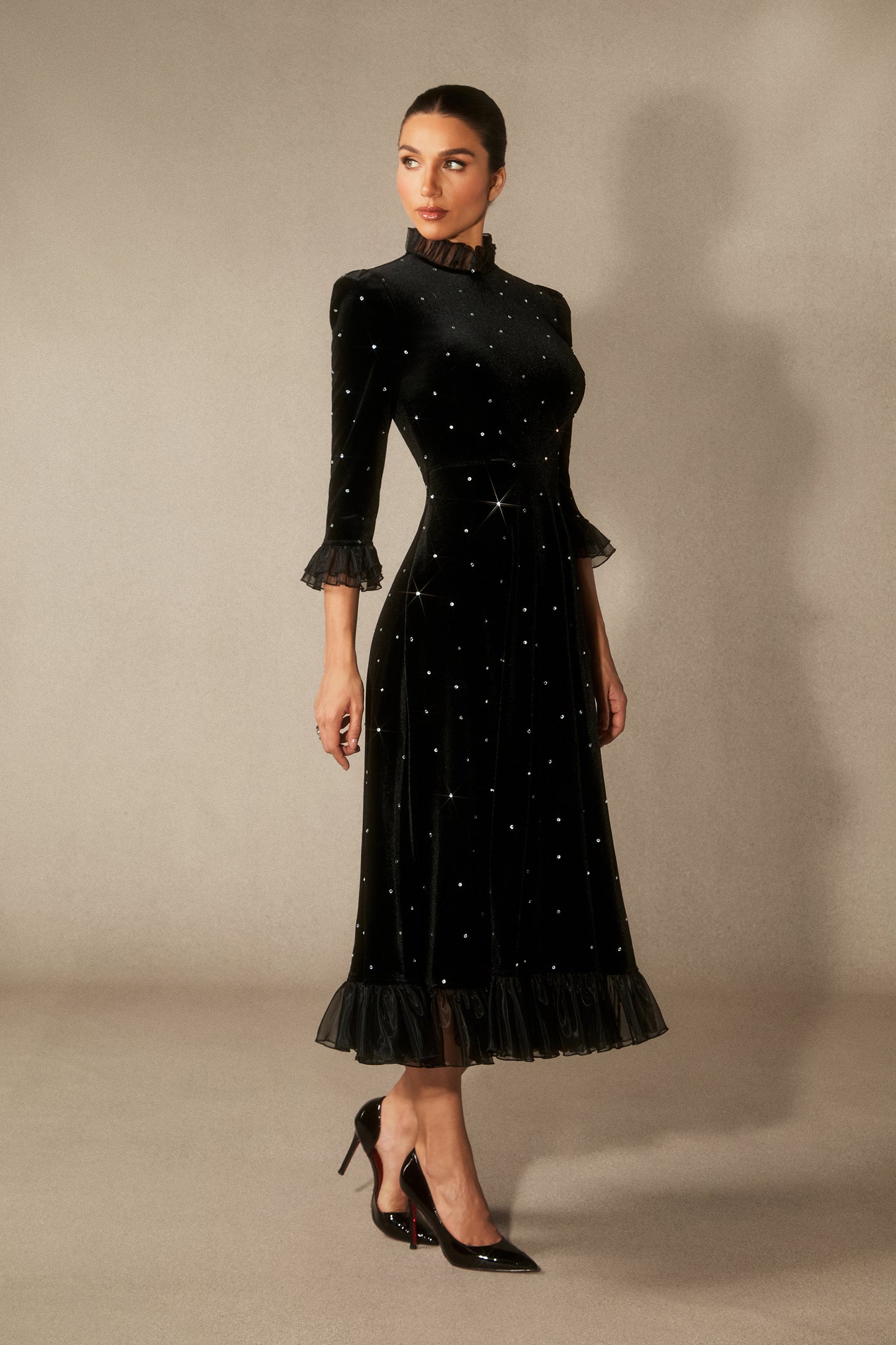 Velvet Diamante Ruffle Maxi Dress