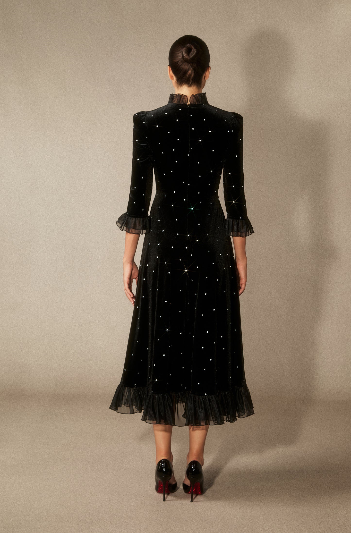 Velvet Diamante Ruffle Maxi Dress