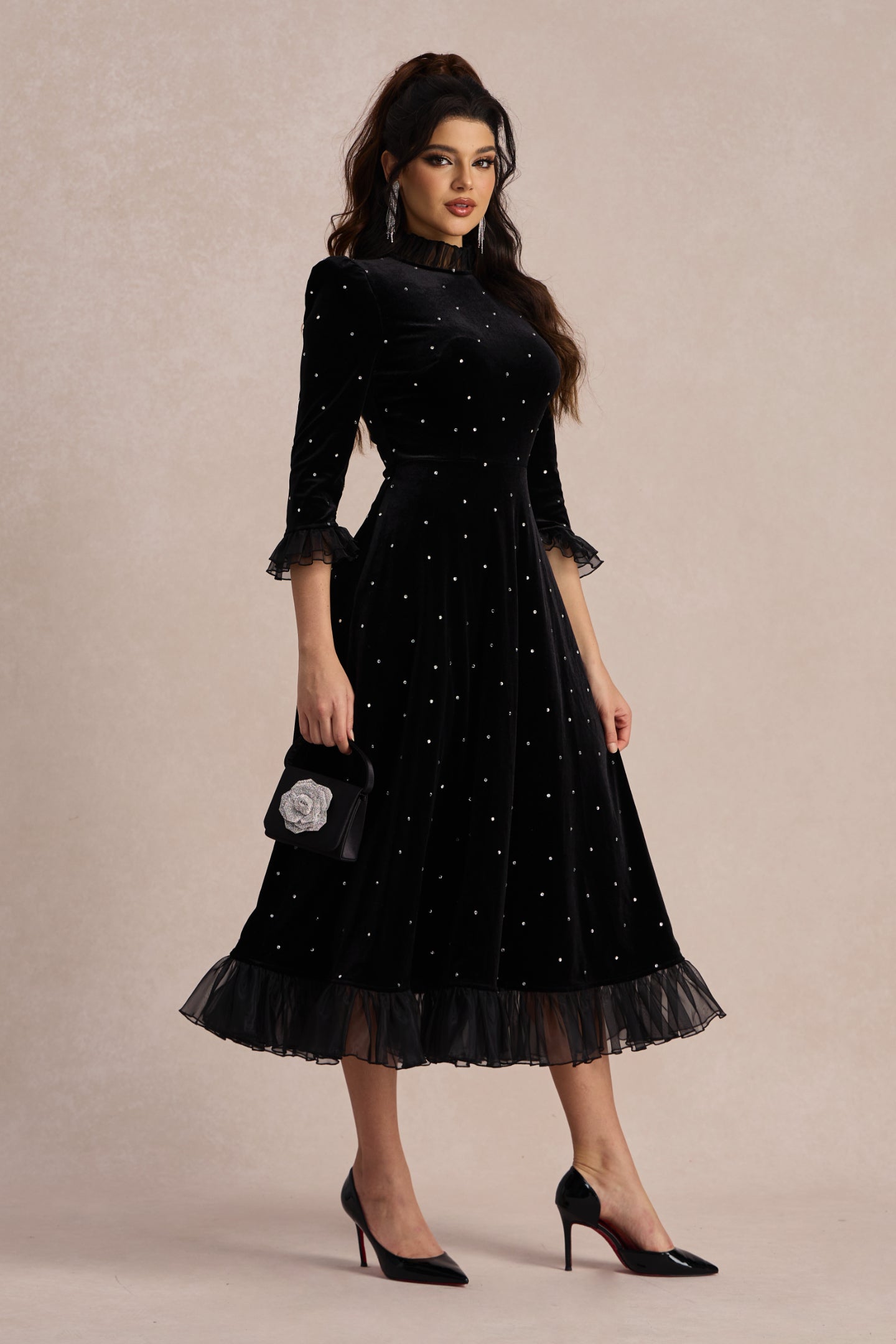 Velvet Diamante Ruffle Maxi Dress