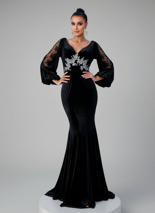 Velvet Evening Dress - Backless Lace Embroidered Mermaid
