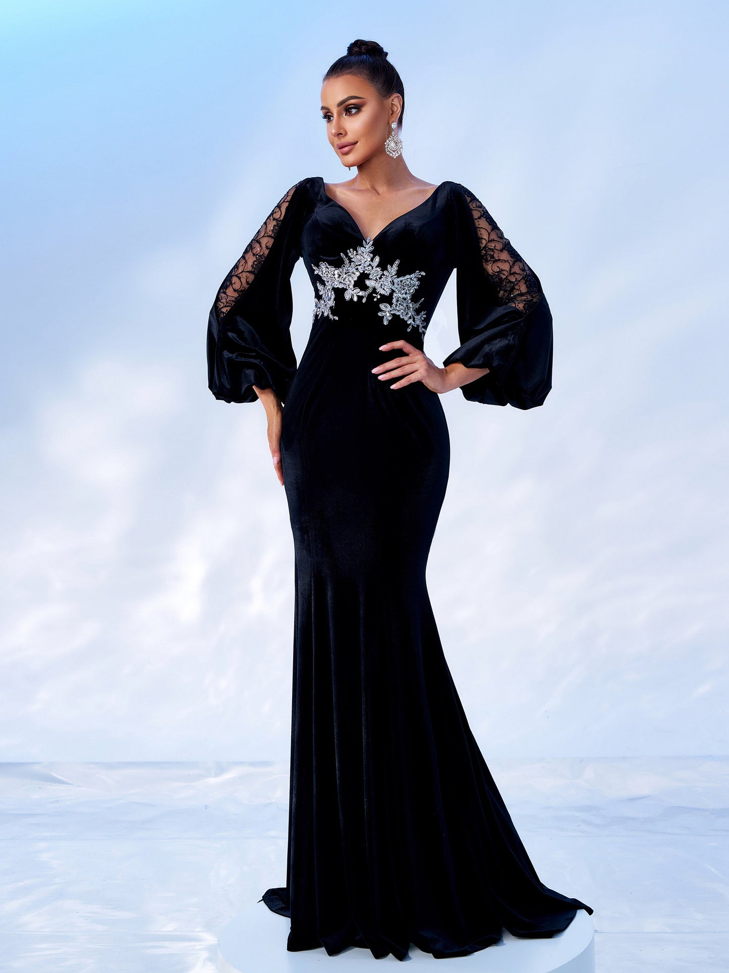 Velvet Evening Dress - Backless Lace Embroidered Mermaid