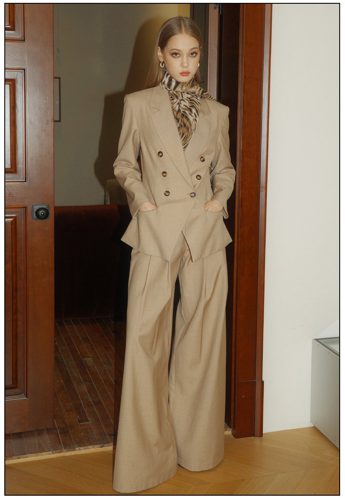 Khaki Viscose Set - Classic Shoulder-Padded Coat and Tailored Pants
