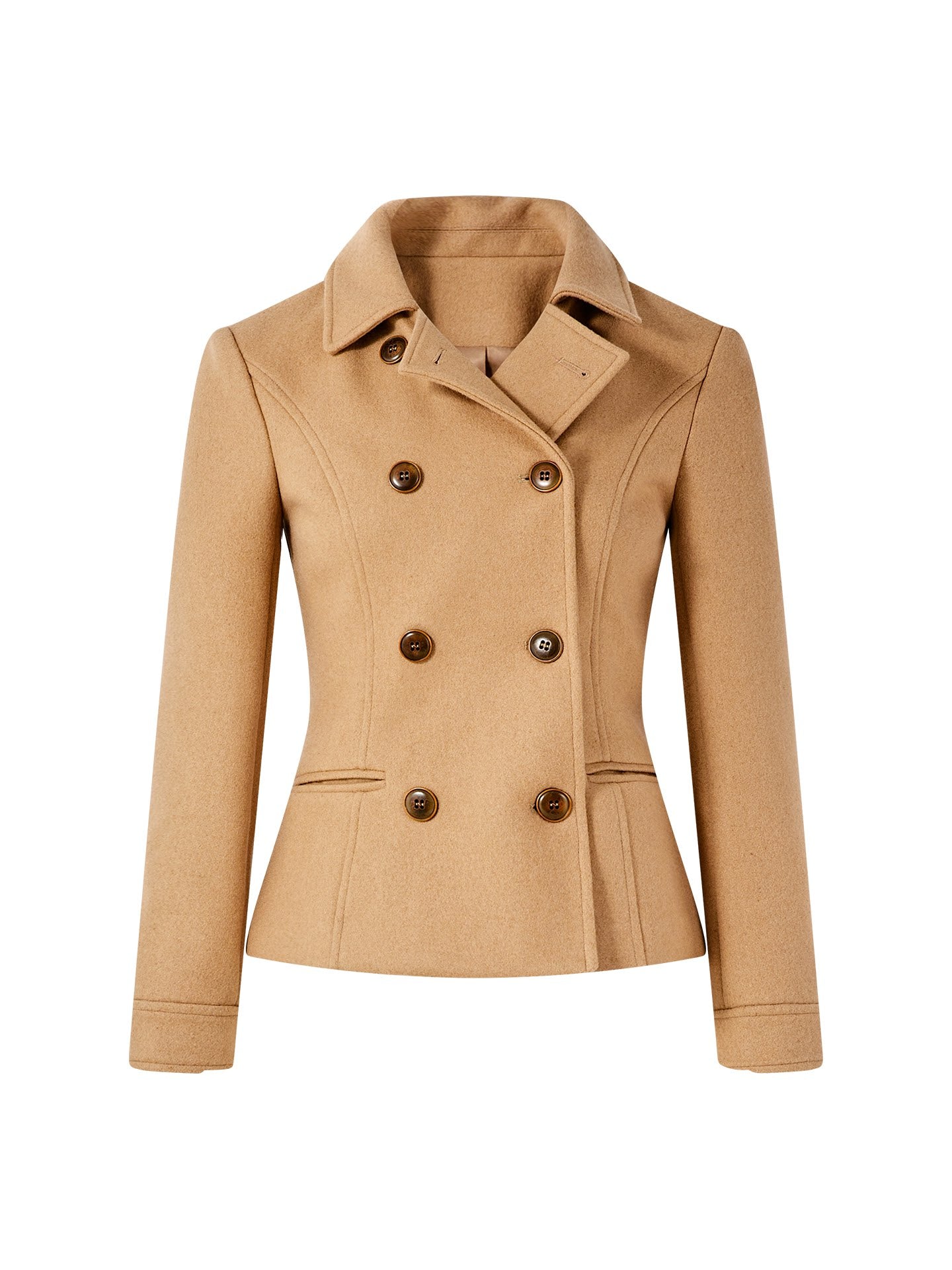 Wool Blend Coat - Elegant Camel Double-Breasted Design