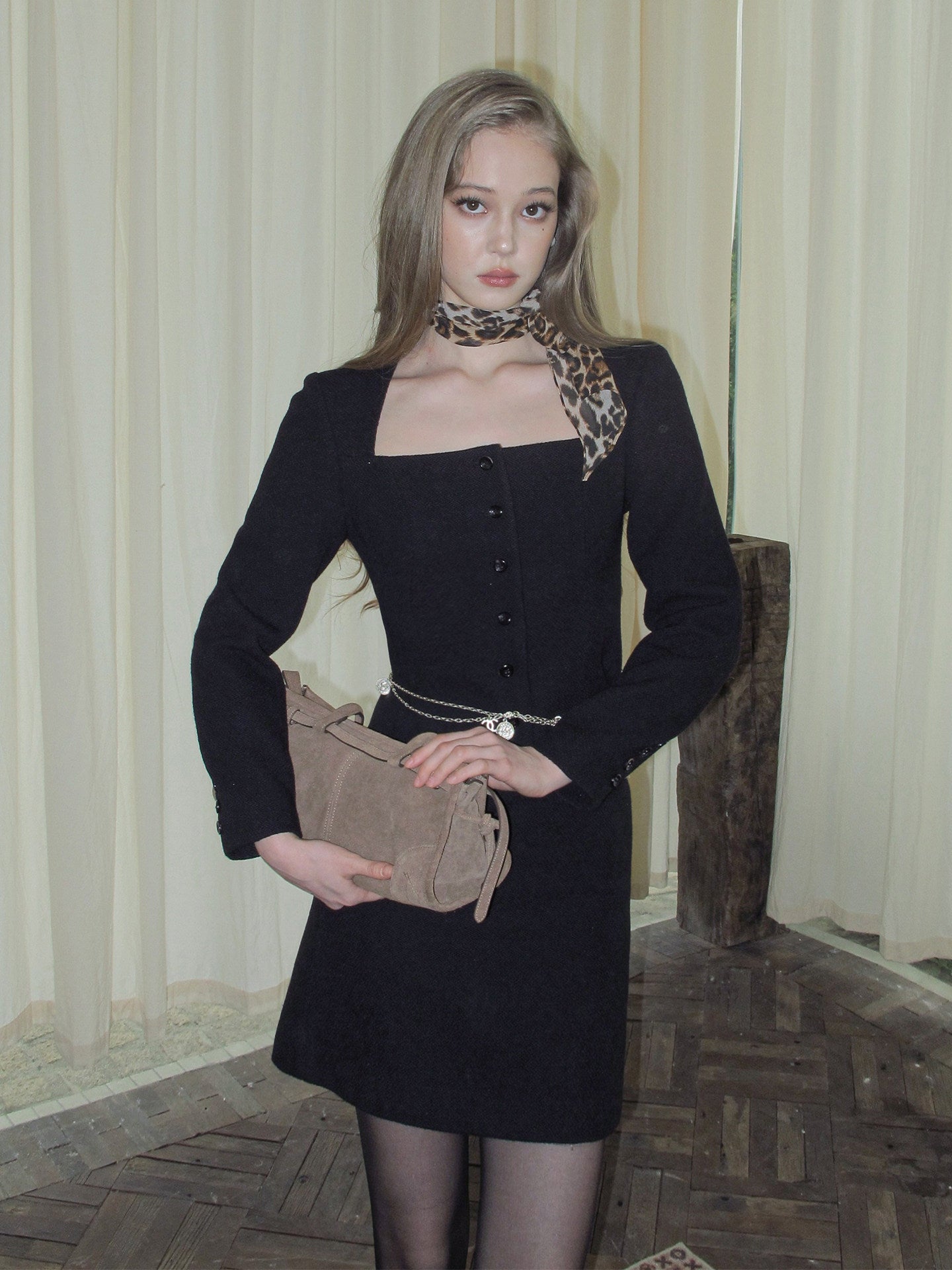 Wool Blend - Square Neck Top and Skirt Two-Piece Set