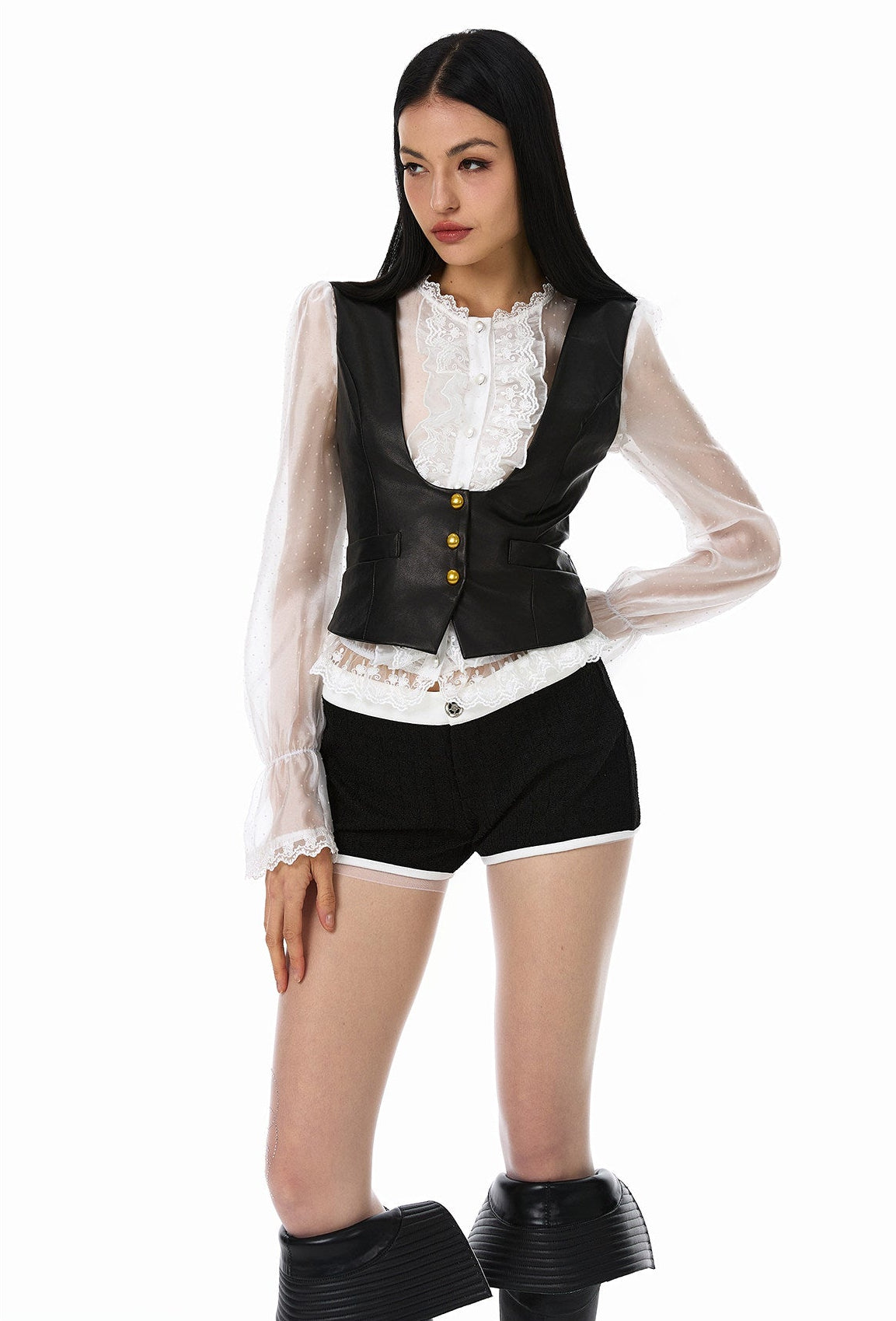 PU Leather 3-Piece Set - Sheer Shirt, Vest, and Shorts