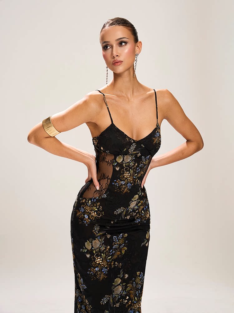 Polyester Long Dress with Lace Design