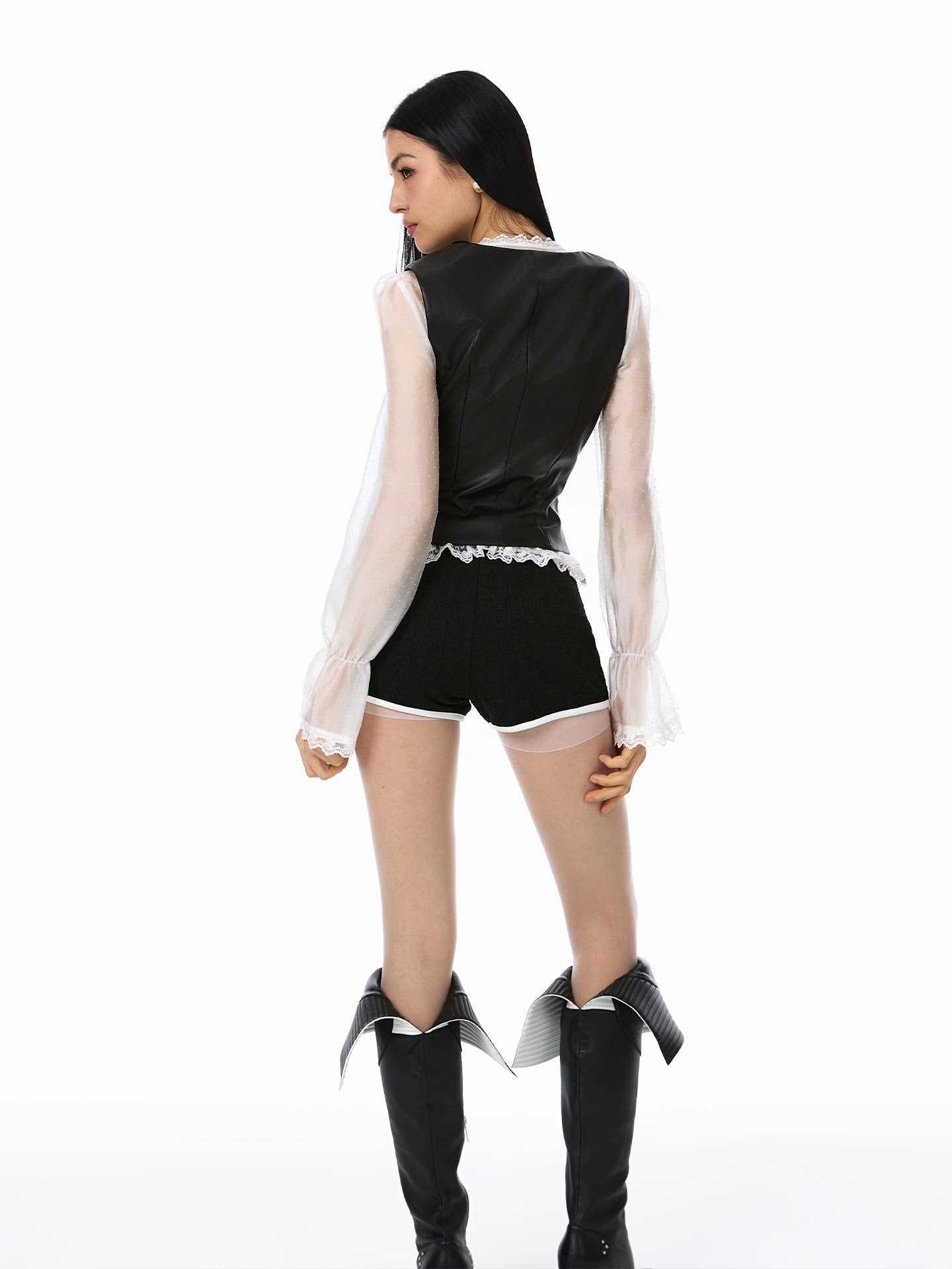 PU Leather 3-Piece Set - Sheer Shirt, Vest, and Shorts