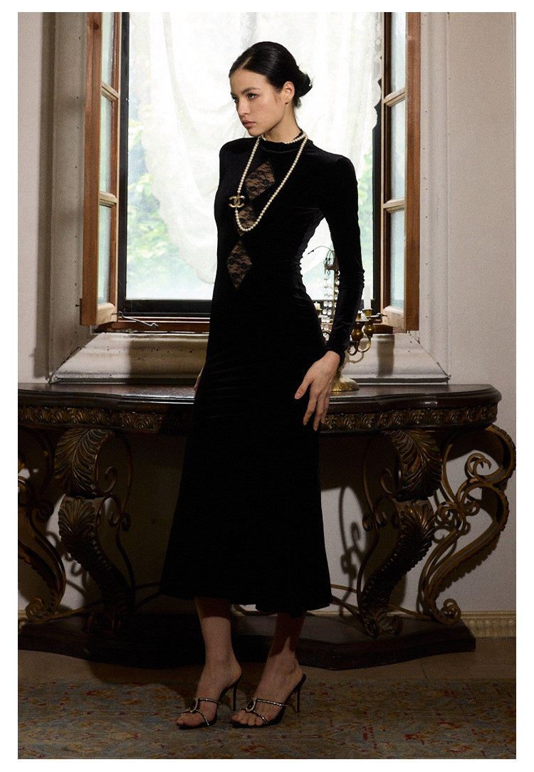Velvet Dress with Lace Overlay - Elegant Long Dress