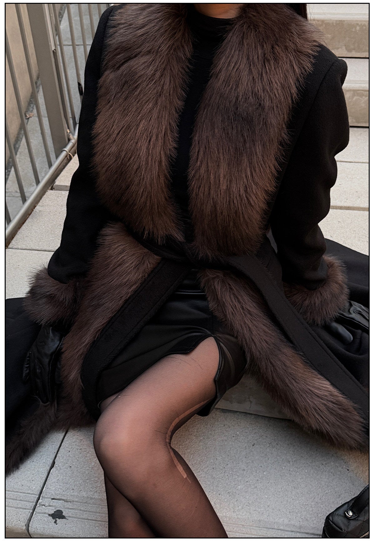 Wool Blend Long Coat with Faux Fur Collar