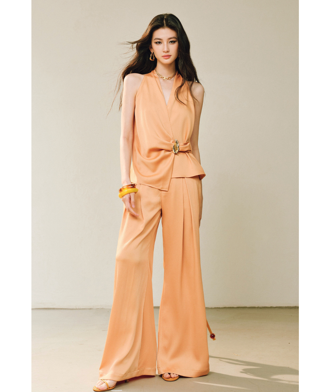 Mulberry Silk 3-Piece Set - Halter Top and Wide Leg Pants
