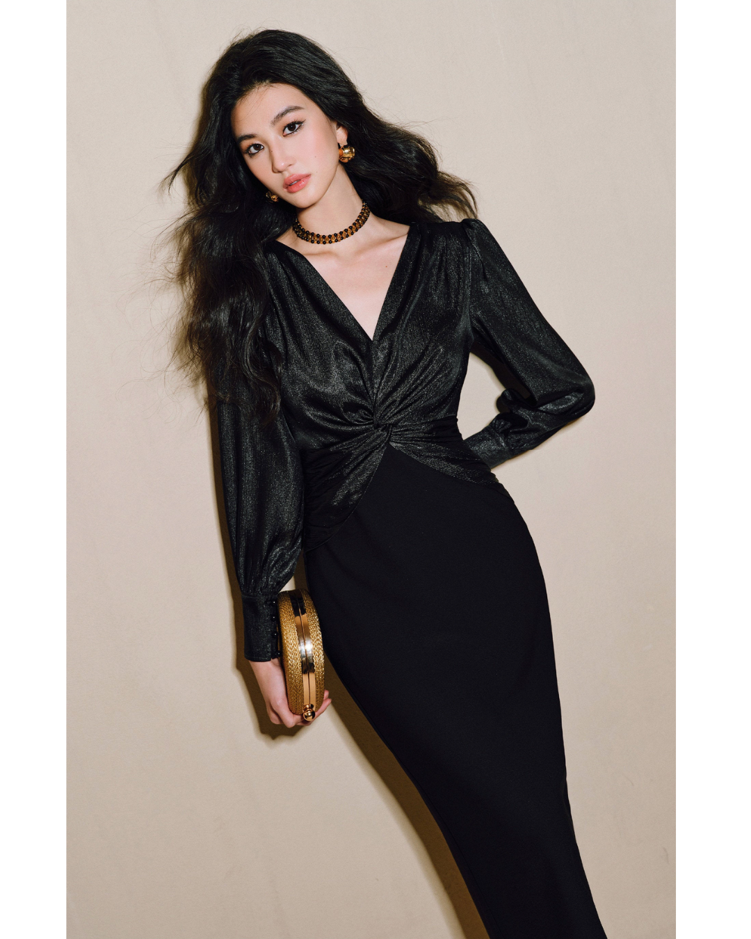 Silk Satin Slim-Fit Dress with V Twisted Collar