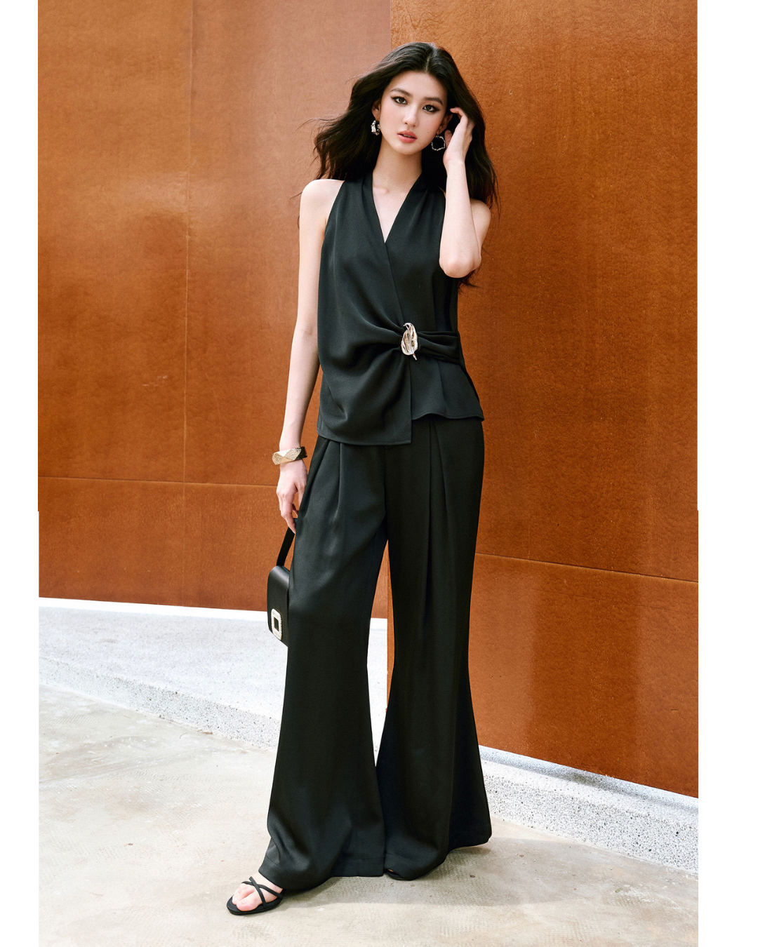 Mulberry Silk 3-Piece Set - Halter Top and Wide Leg Pants