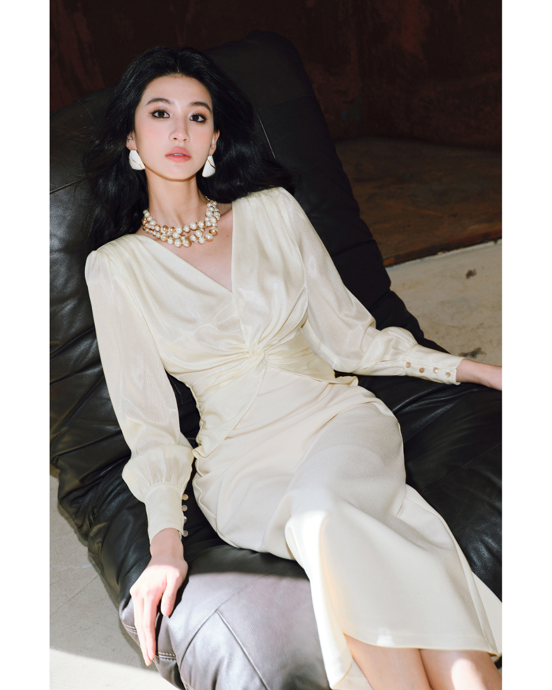 Silk Satin Slim-Fit Dress with V Twisted Collar