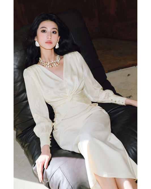Silk Satin Slim-Fit Dress with V Twisted Collar