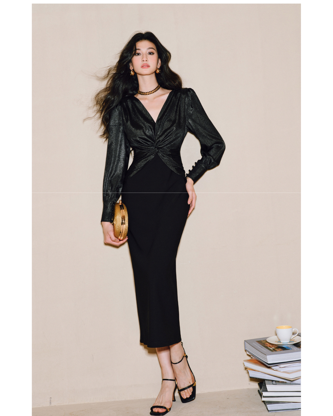 Silk Satin Slim-Fit Dress with V Twisted Collar