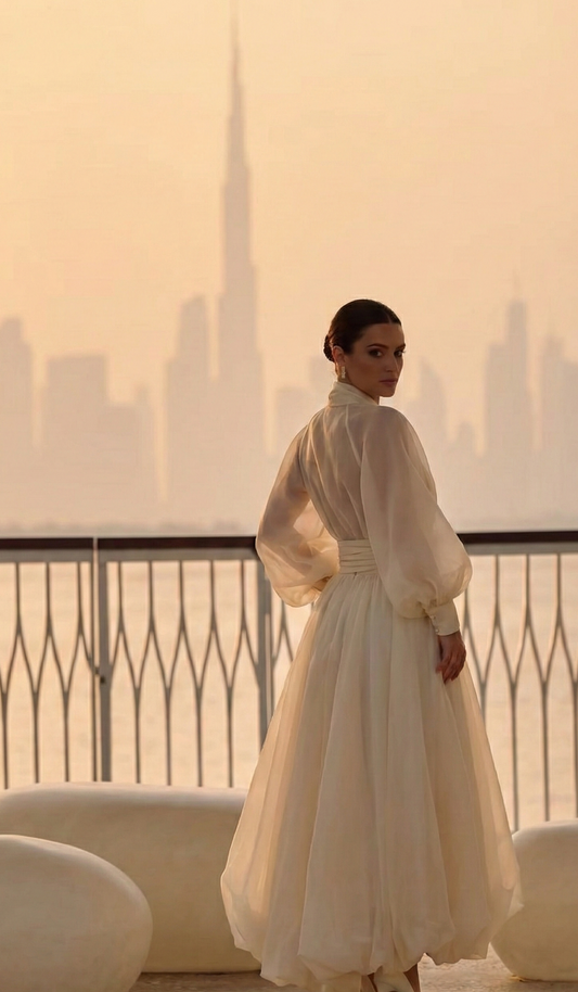 Chic Deep V-Neck Puff Sleeve Maxi Dress