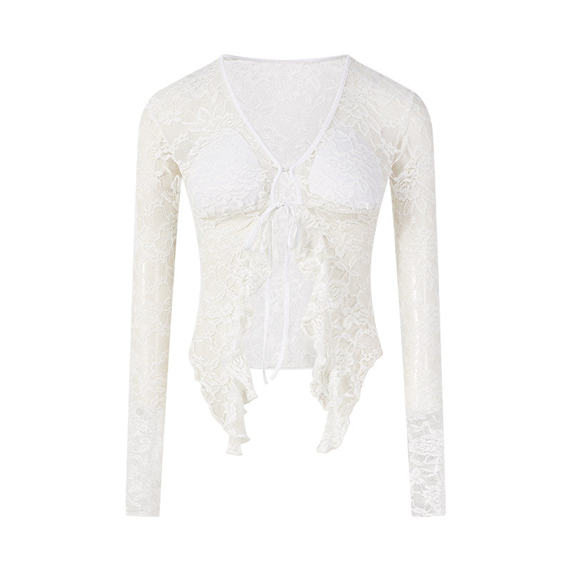 Lace Knitted Top with V-Neck Design