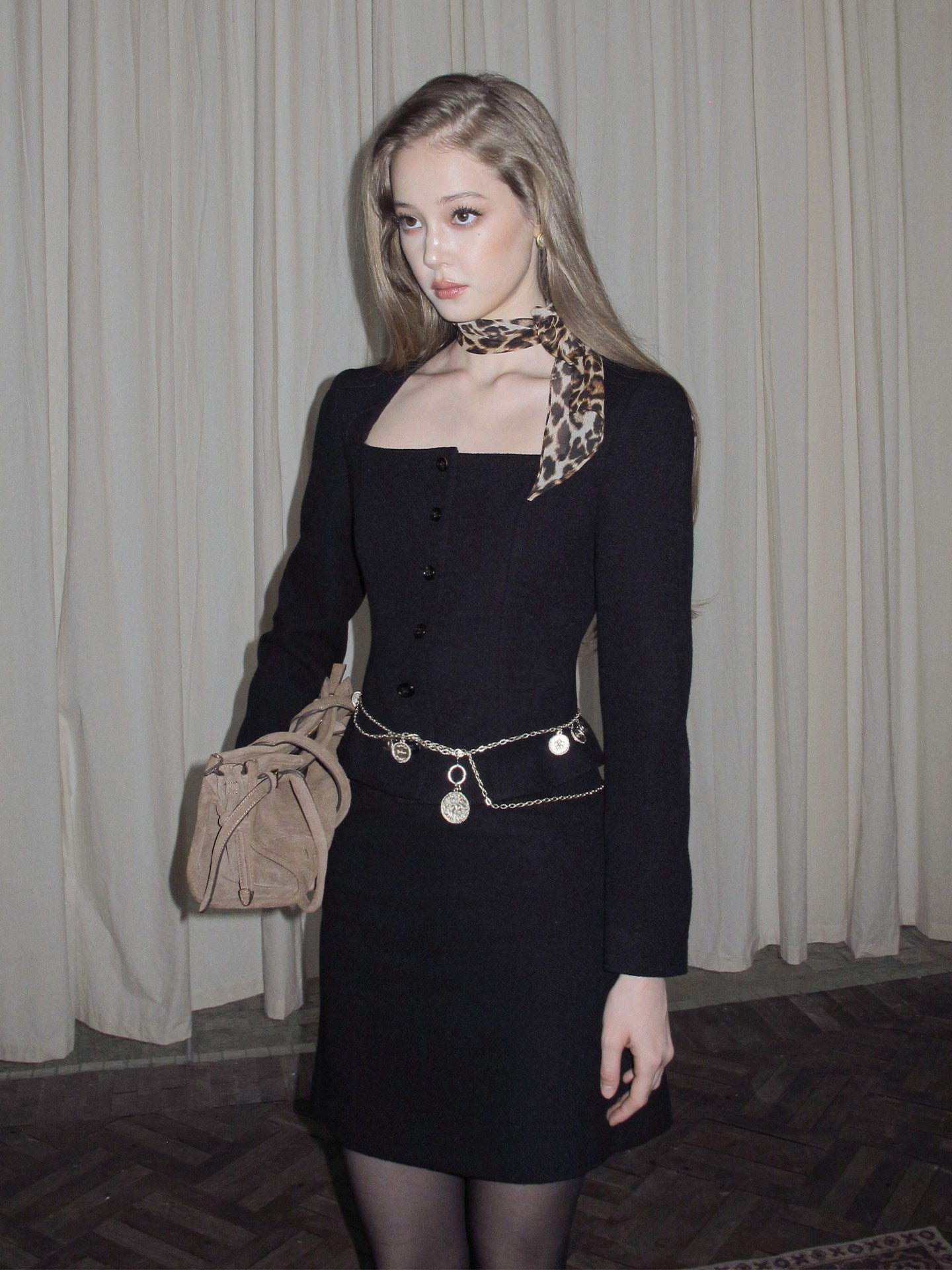 Wool Blend - Square Neck Top and Skirt Two-Piece Set