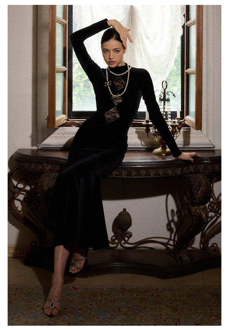 Velvet Dress with Lace Overlay - Elegant Long Dress