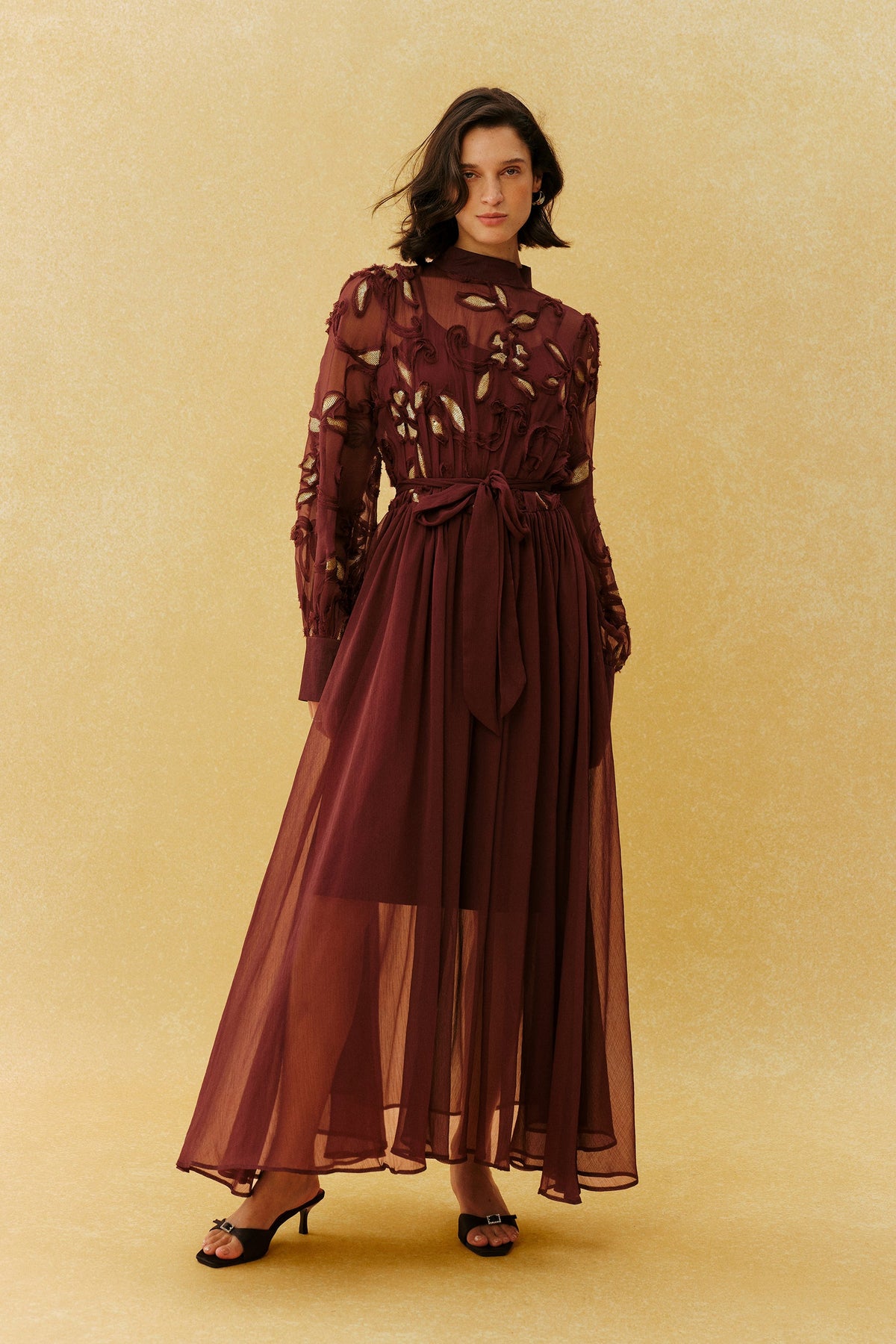 Burgundy Gold Floral Embroidered Appliqué Belted Long-Sleeve High-Neck Maxi Dress
