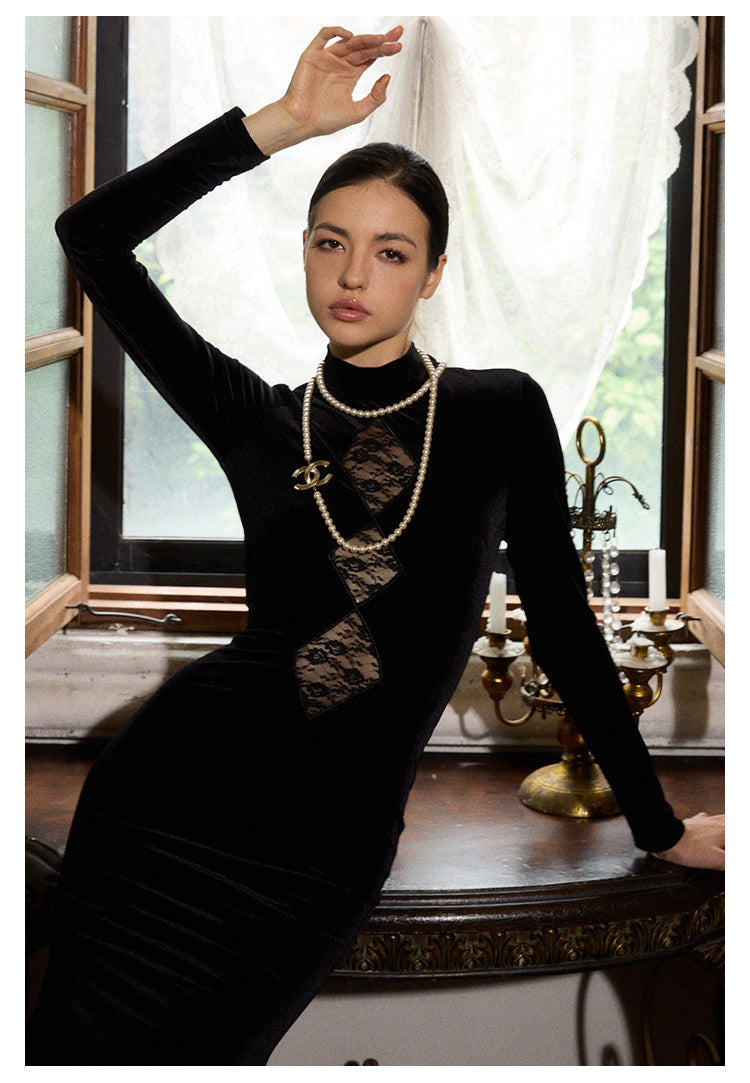 Velvet Dress with Lace Overlay - Elegant Long Dress