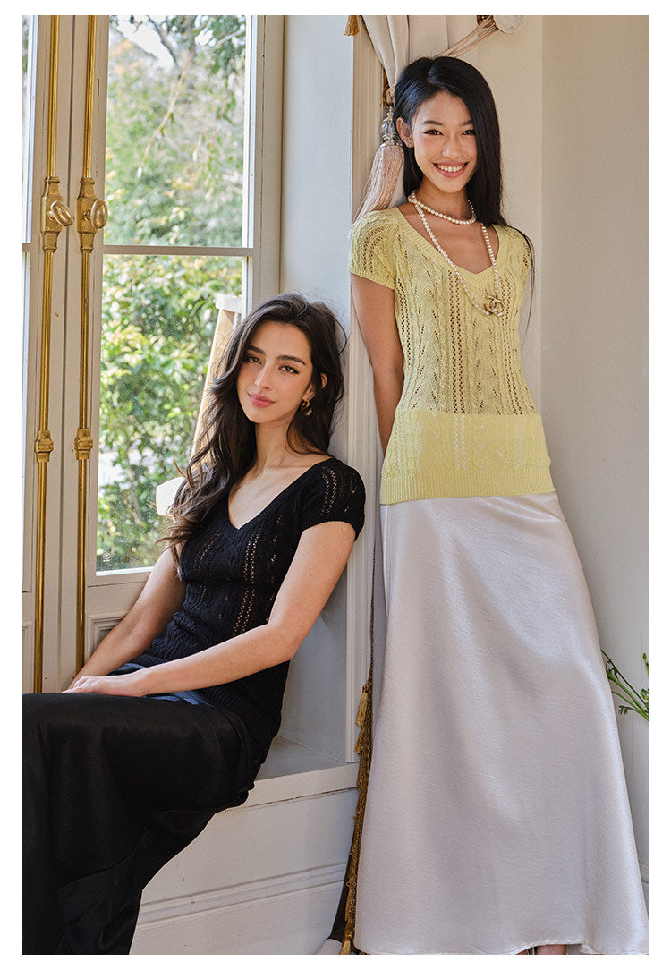 Knitted V-Neck Top - Elegant Cable Knit Design