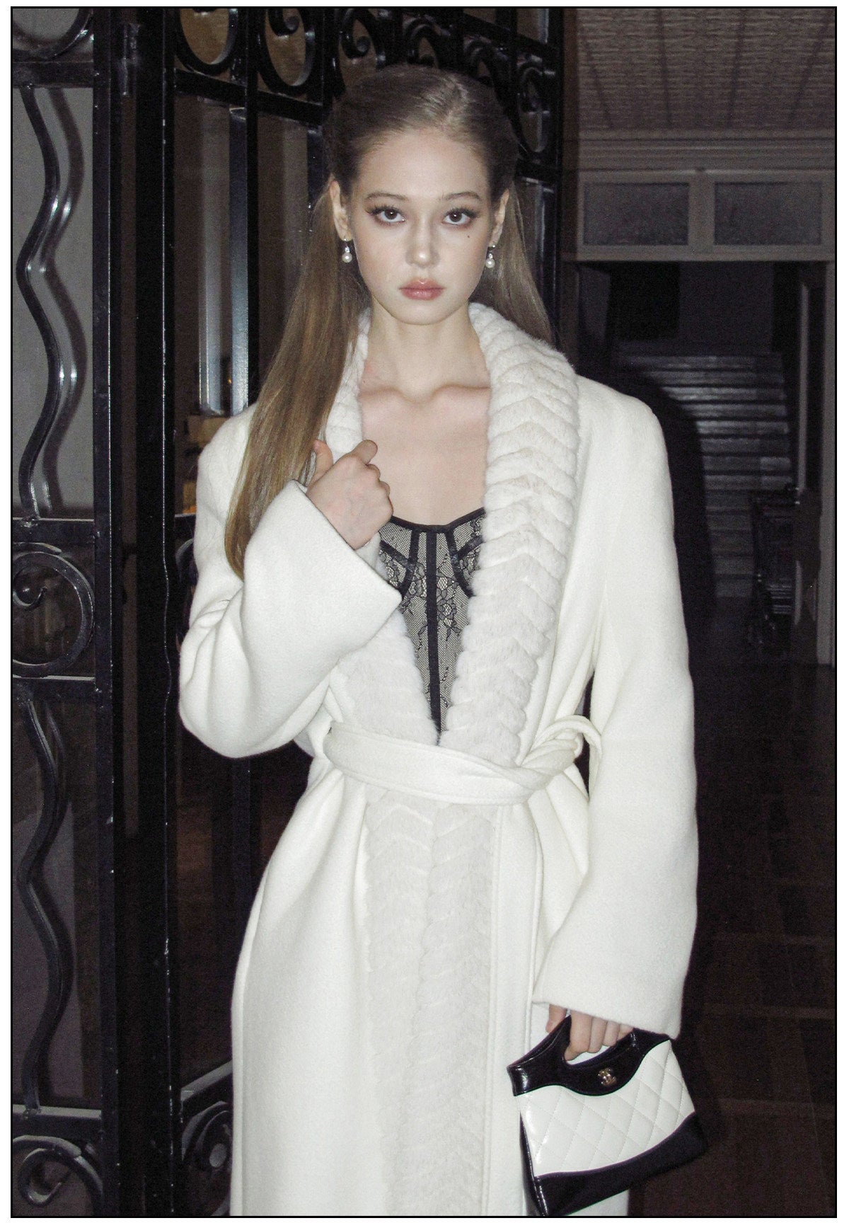 Wool Blend Long Coat with Faux Fur Collar