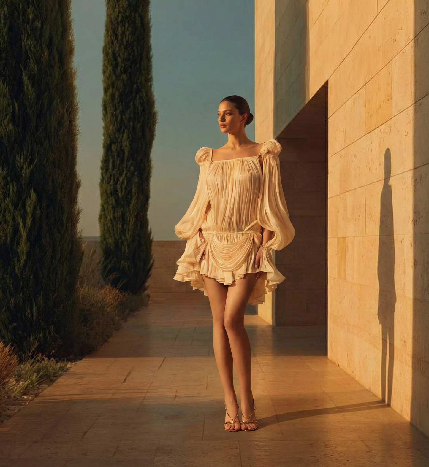 فستان ميني أنيق بأكمام منتفخة وحافة مكشكشة باللون البيج