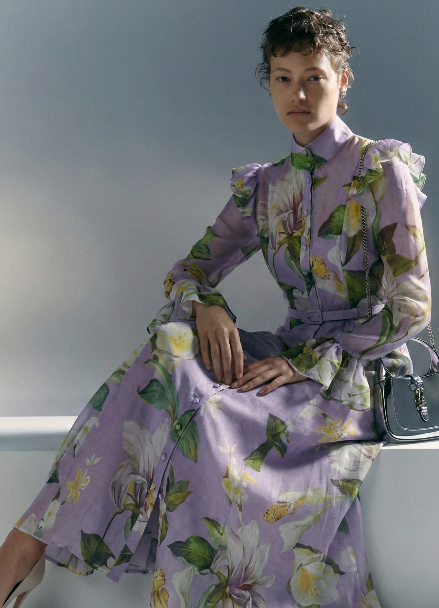 Polyester Printed Dress with Belt and Ruffled Bell Sleeves