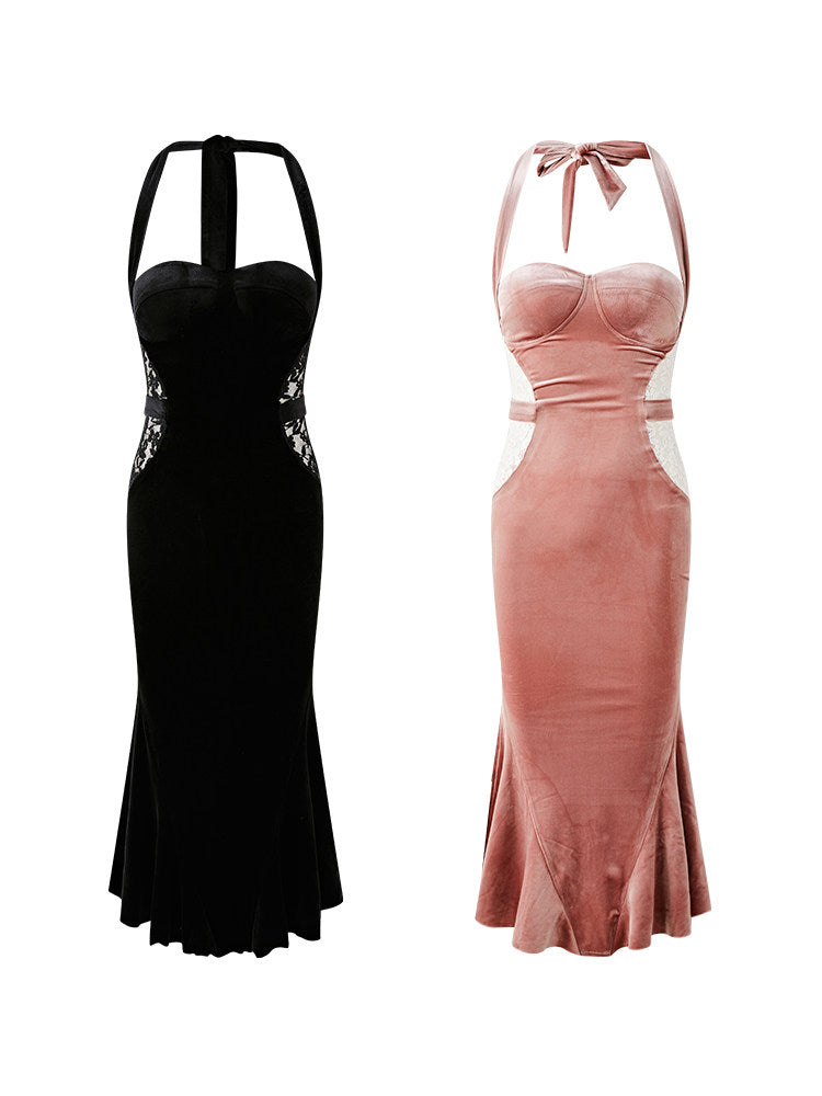 Velvet Lace Dress - Elegant Halter Neck
