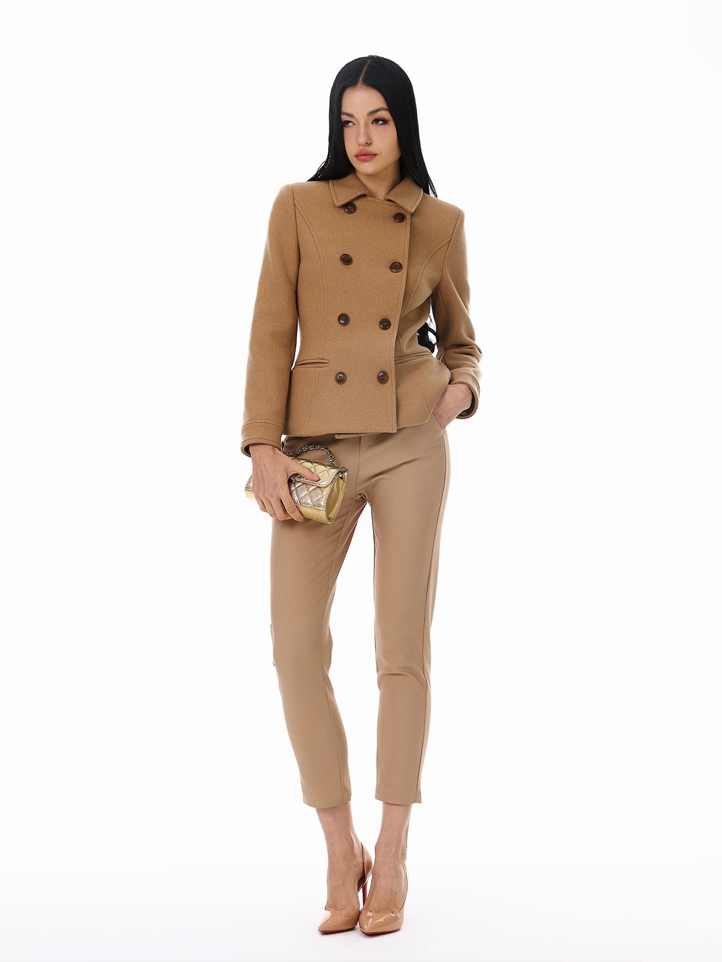 Wool Blend Coat - Elegant Camel Double-Breasted Design