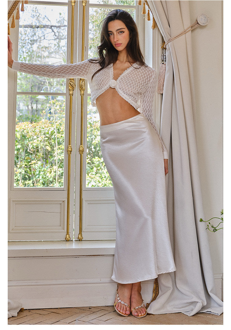 Lace Knit Top and Skirt Set with Brooch