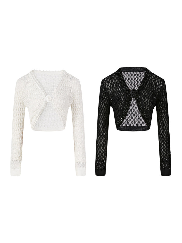 Lace Knit Top and Skirt Set with Brooch