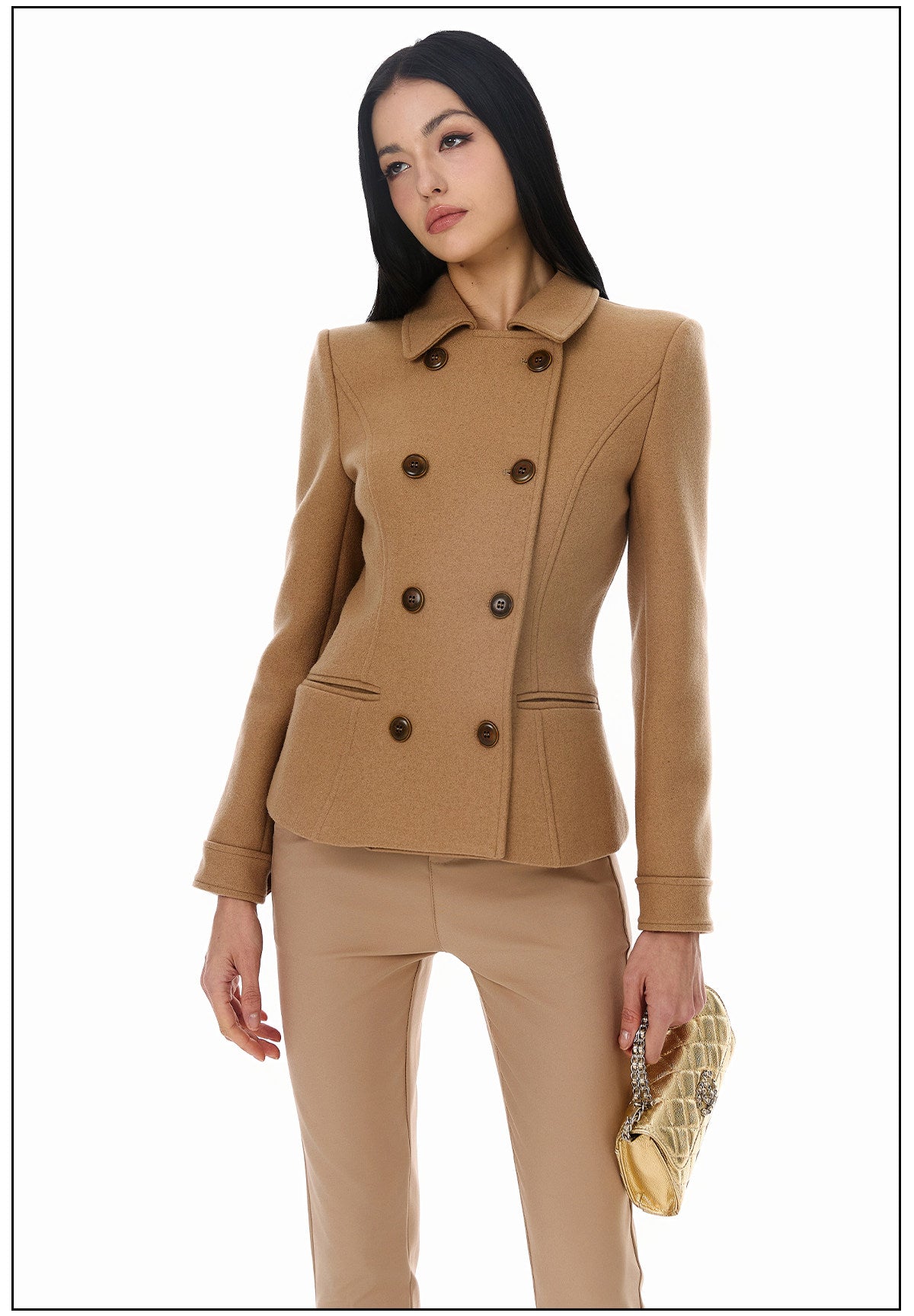 Wool Blend Coat - Elegant Camel Double-Breasted Design