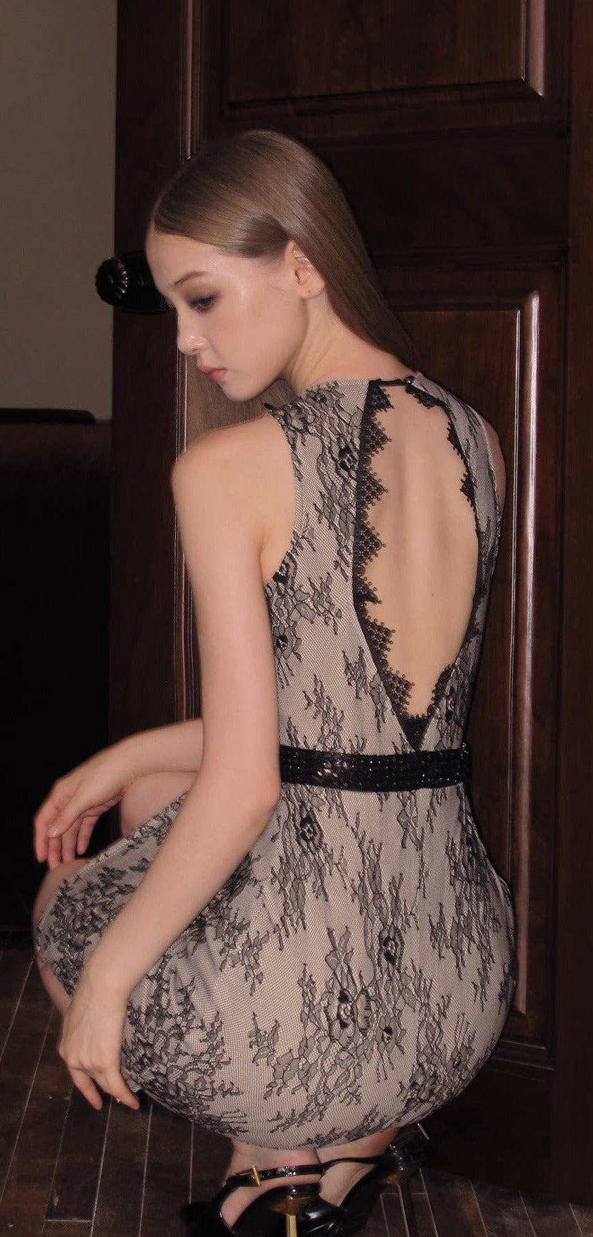 Lace Embroidered Black Dress - Elegant Mid-Length Design