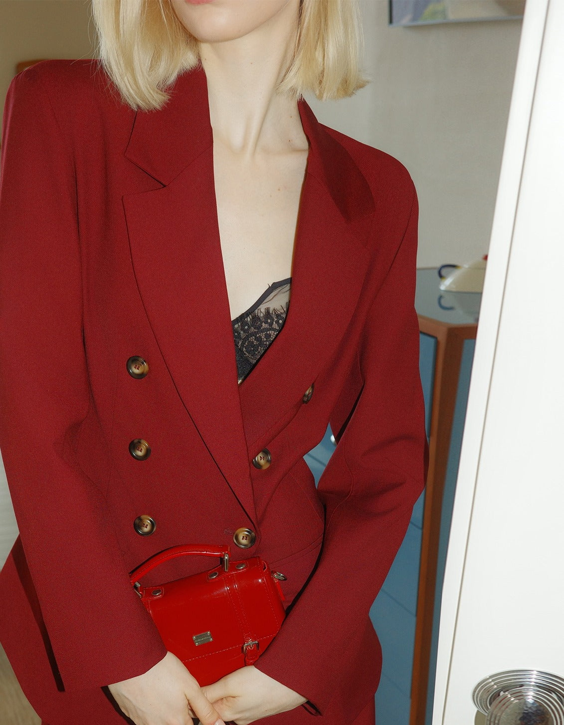 Khaki Viscose Set - Classic Shoulder-Padded Coat and Tailored Pants