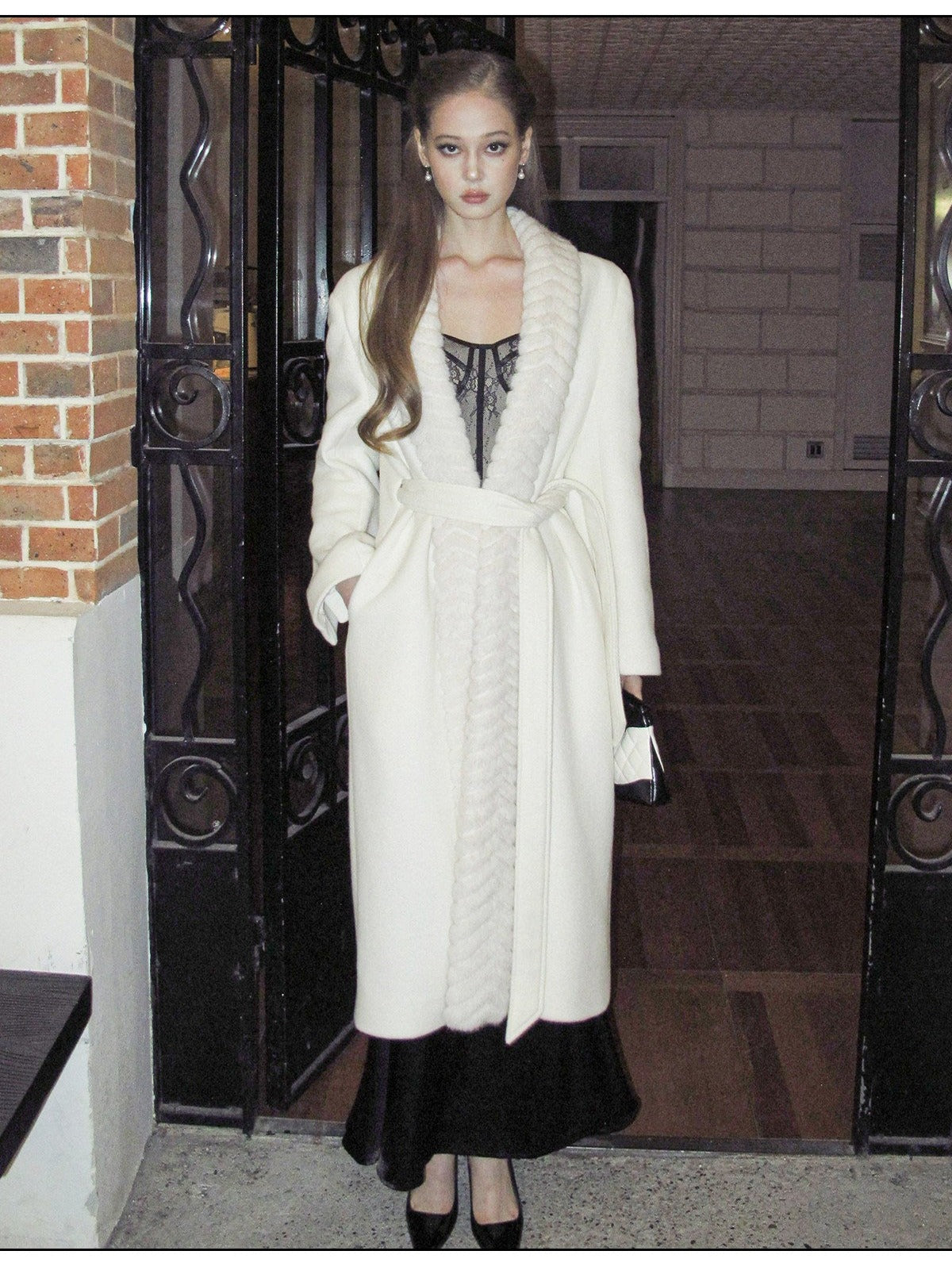 Wool Blend Long Coat with Faux Fur Collar