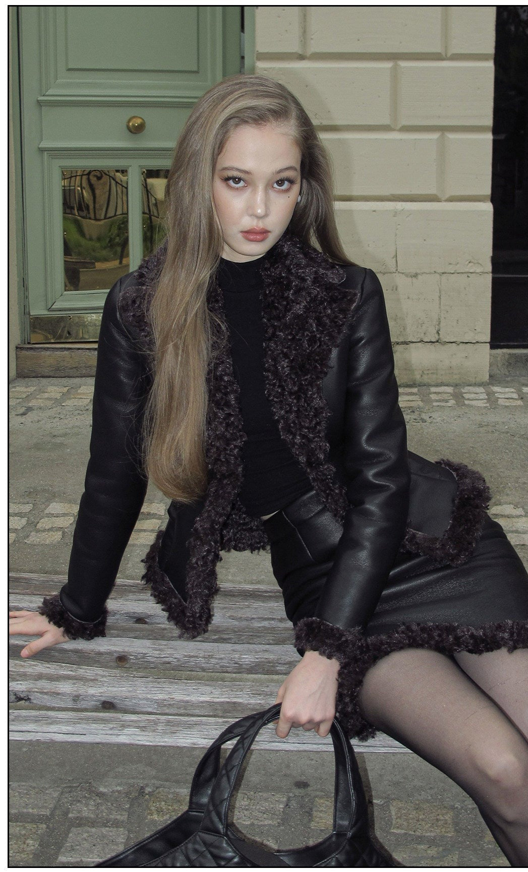 Faux Leather - Stylish Top and Skirt Two-Piece Set